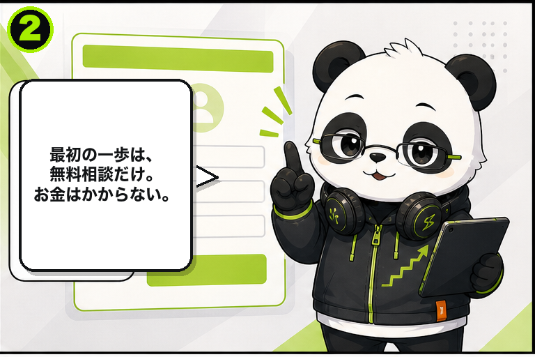 サポートパンダが無料相談へ背中を押す案内 2コマ目