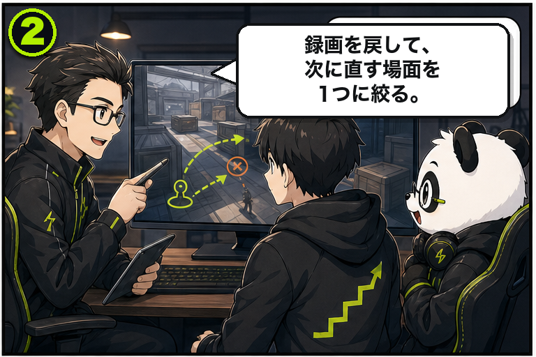 元気なサポートパンダがGAME STEPの週次改善ループを説明する案内 2コマ目