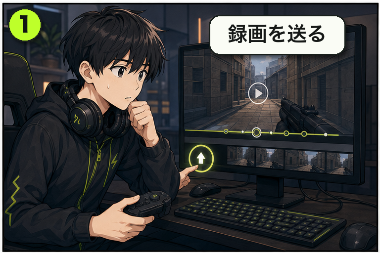 録画レビューから試合中の気づきまでを描いた漫画 1コマ目