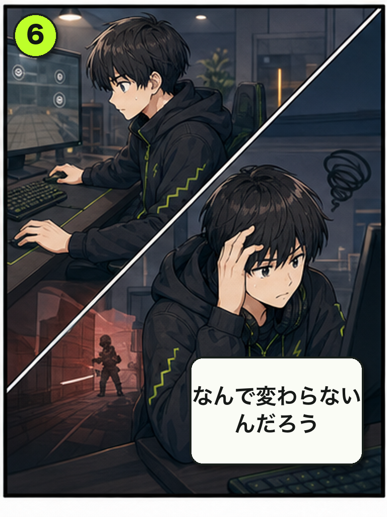 同じ負け方を繰り返す悩みを描いた漫画 6コマ目